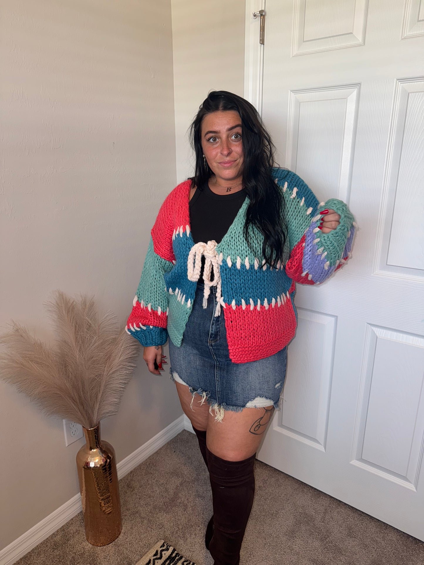 Crochet Color Block Tie Cardigan