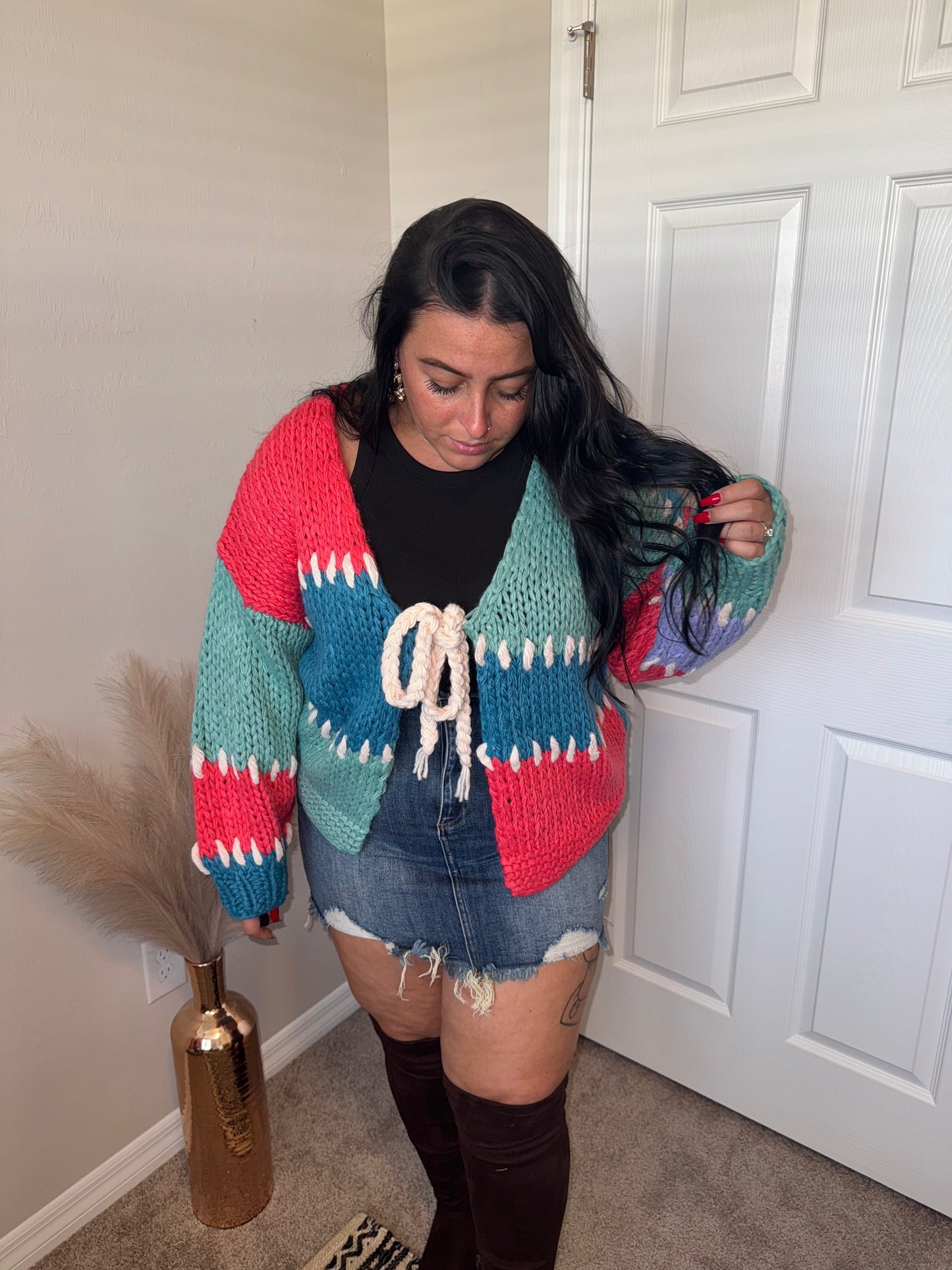Crochet Color Block Tie Cardigan